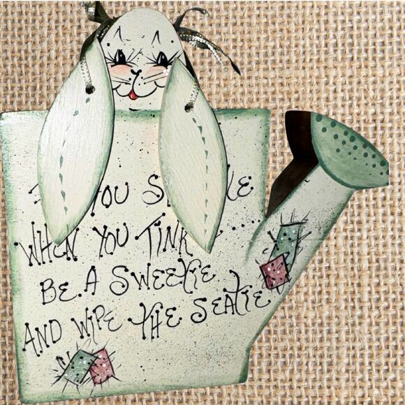 Vintage Bunny Watering Can – “If You Sprinkle When You Tinkle” Wooden Folk Art - Picture 5 of 8